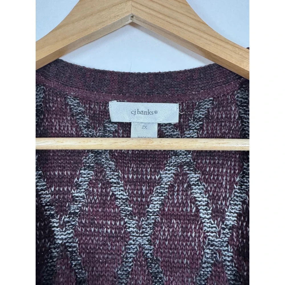 CJ Banks Sweater Vest Women 2X Purple Argyle Knit Open‎ Front Longline Cardigan